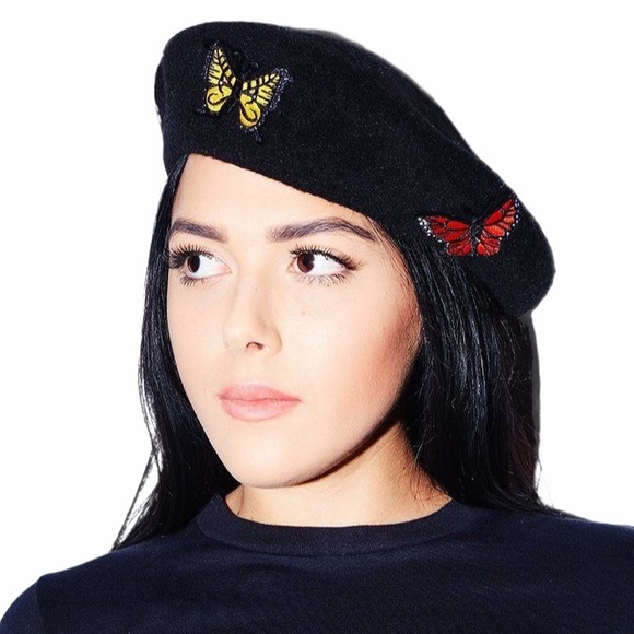 VHTF: Valfre ☻︎ Social Butterfly Embroidered Beret Hat ☻︎ Black Wool ☻︎ Colorful - Picture 16 of 17